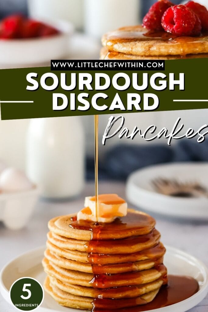 A big stack of sourdough pancakes on a white plate with maple syrup being poured on top.