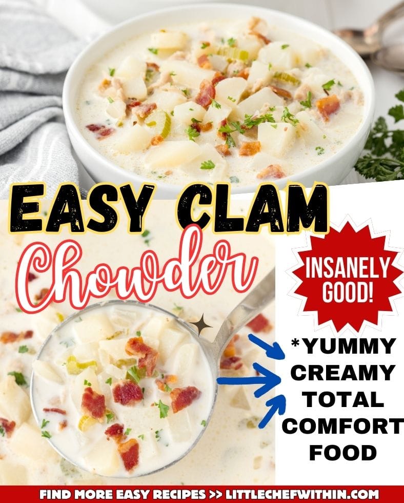 A graphic showing a white bowl with clam chowder, and the ingredients listed in black font.