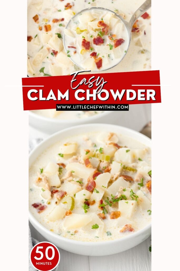 A graphic showing a white bowl full of New England Clam Chowder.