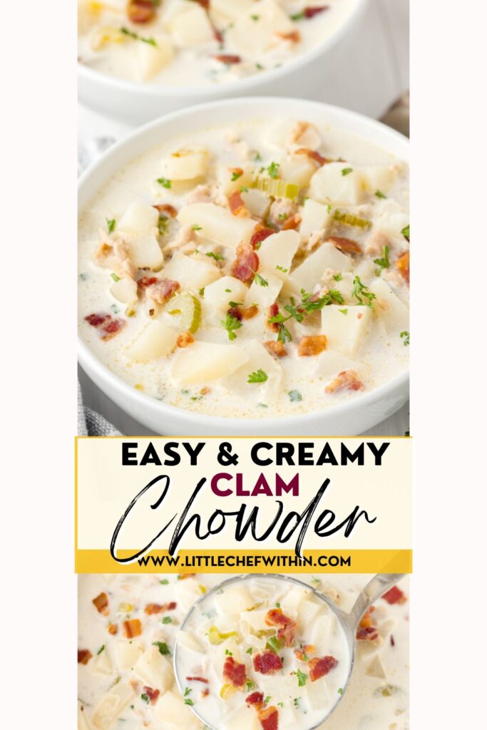 a graphic showing a soup ladle full of clam chowder and a white bowl filled with the soup.