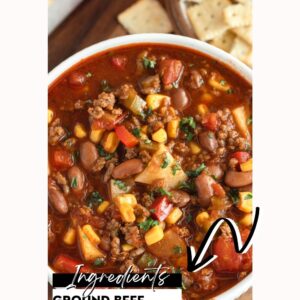 A close up view of cowboy soup in a bowl on a collage that has the ingredients spelled out and says Hamburger Cowboy soup.