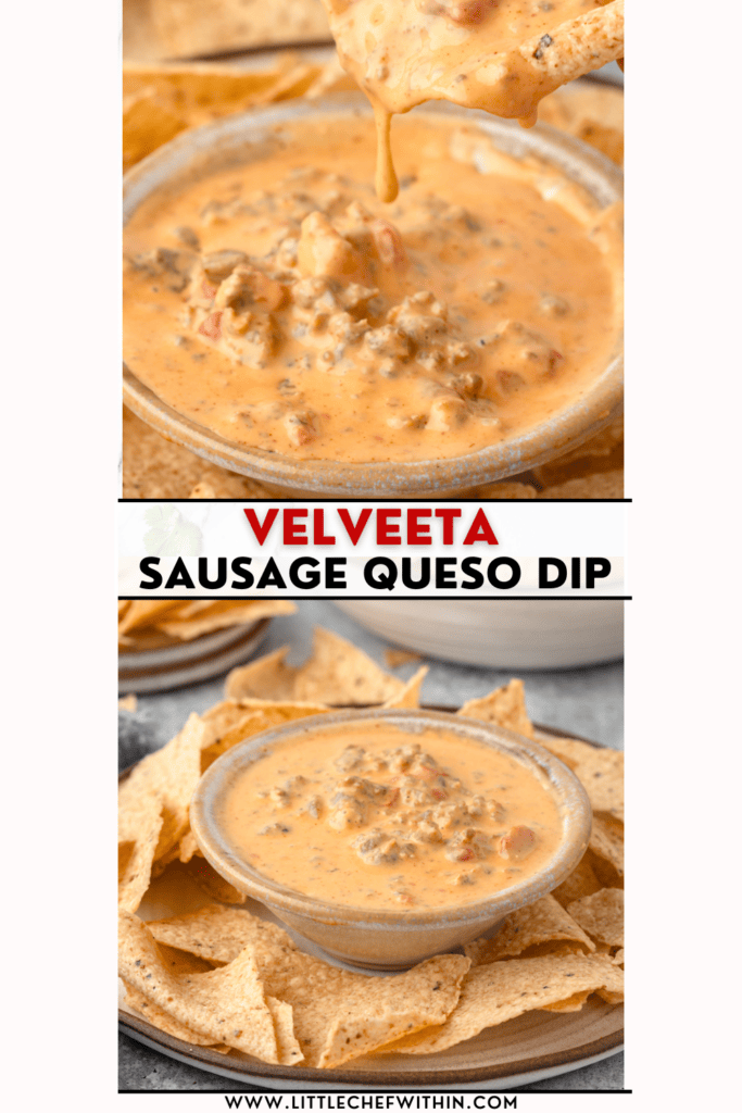 A tortilla chip dripping with Velveeta sausage dip with a bowl of dip and more chips in the background., and a skillet full of cheese dip at the bottom. The text reads "Velveeta Sausage Dip".