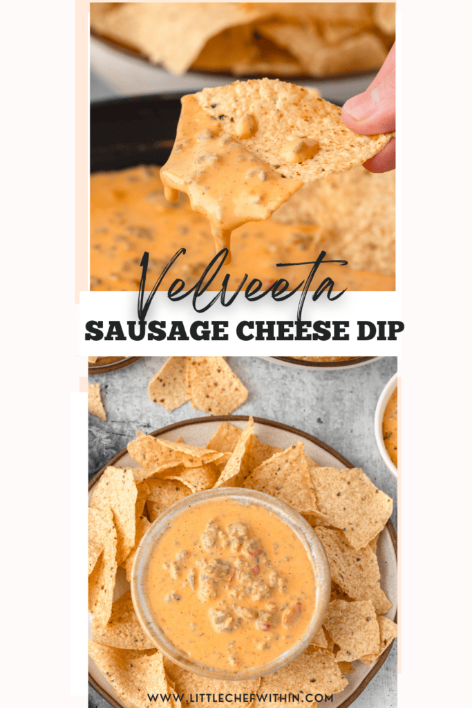 A tortilla chip dripping with Velveeta sausage dip with a bowl of dip and more chips in the background., and a skillet full of cheese dip at the bottom. The text reads "Velveeta Sausage Dip" . and the bottom is a small bowl of cheese dip.