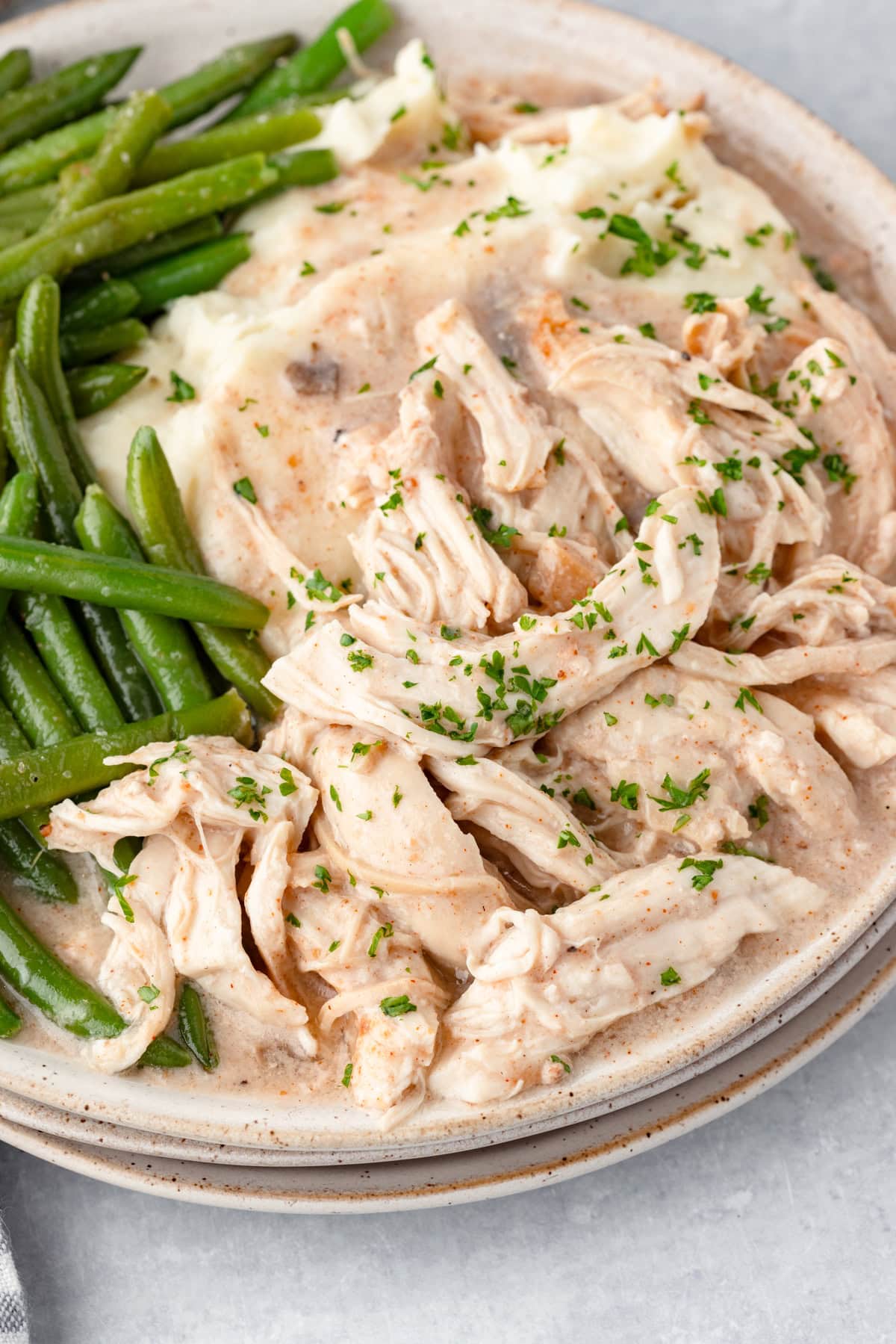 Shredded chicken and gravy on a plate with sides.