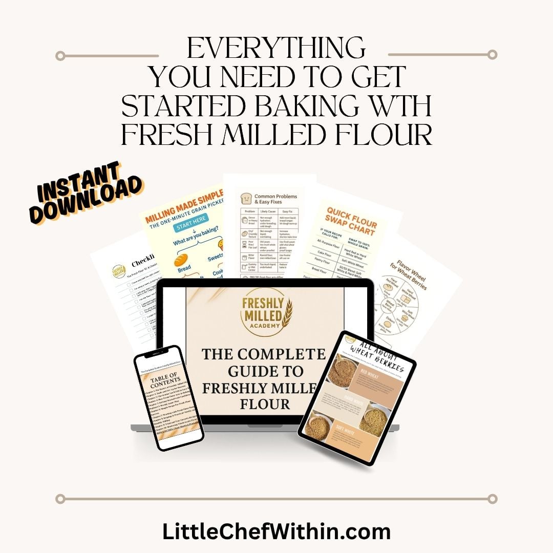 A digital product bundle titled The Complete Guide to Freshly Milled Flour is displayed on a phone, tablet, and laptop, surrounded by printable guides and charts. Text above reads, Everything you need to get started baking with fresh milled flour.