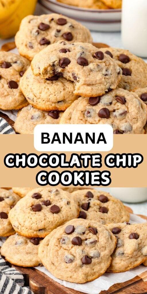 Banana choco chip cookies stacked on a wood board with the title written out.