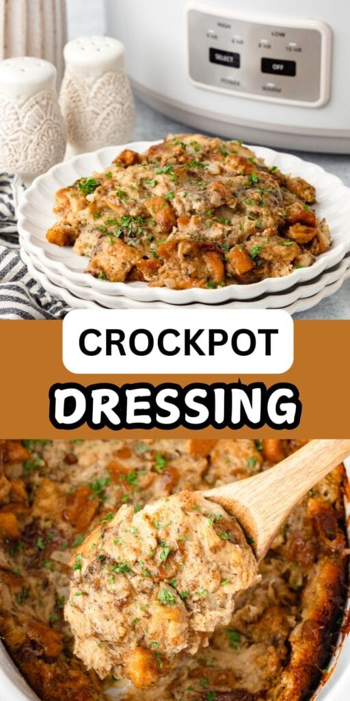 Crockpot Dressing on a plate and close up on a wooden spoon.