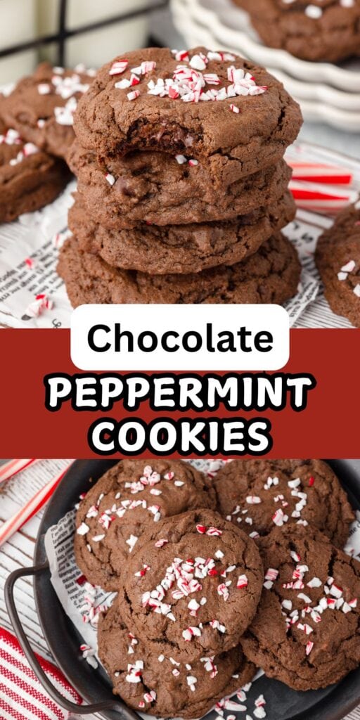 Chewy chocolate peppermint cookies topped with crushed peppermint candies and sprinkles.