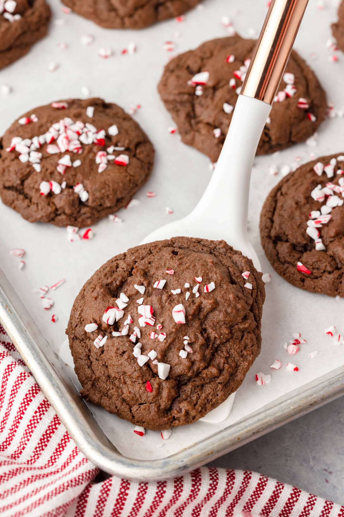 Buttery chocolate cookies with crushed peppermint sprinkles on top, fresh from the oven at Little Chef Within.