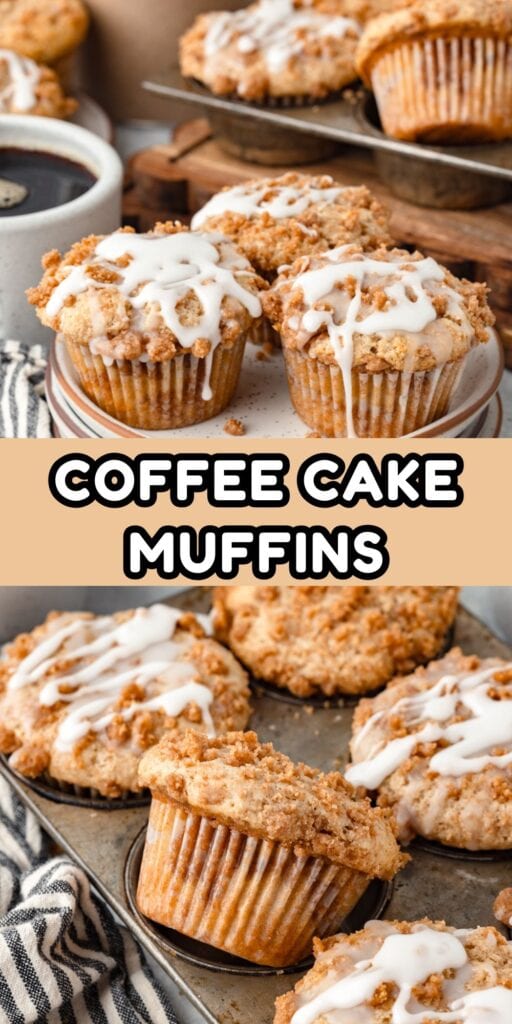 Coffee Cake Muffins in muffin tins with a white vanilla glaze.