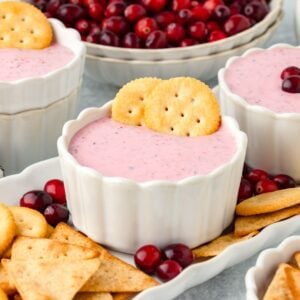 Creamy Cranberry Jalapeno Dip garnished with crackers and fresh cranberries.