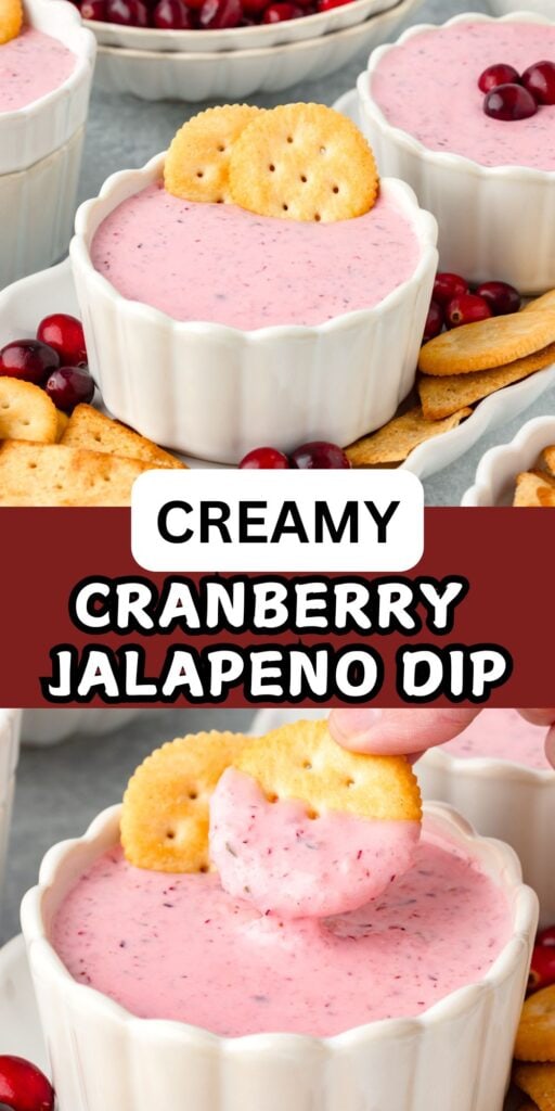 Creamy Cranberry Jalapeño Dip in white bowls surrounding by crackers.