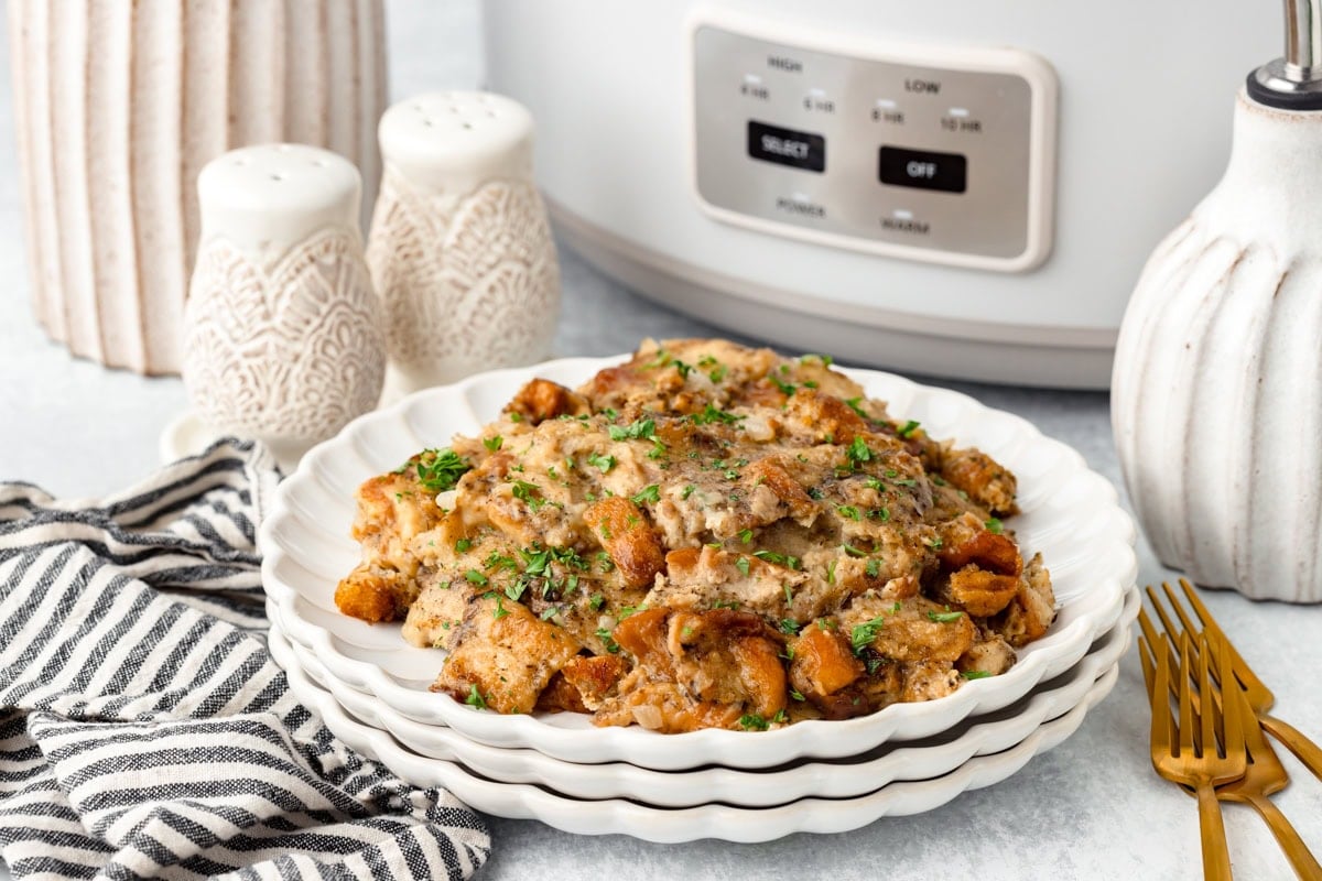 Creamy mushroom and vegetable casserole topped with fresh herbs.