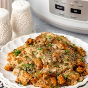 Crockpot Dressing on stacked white plates.