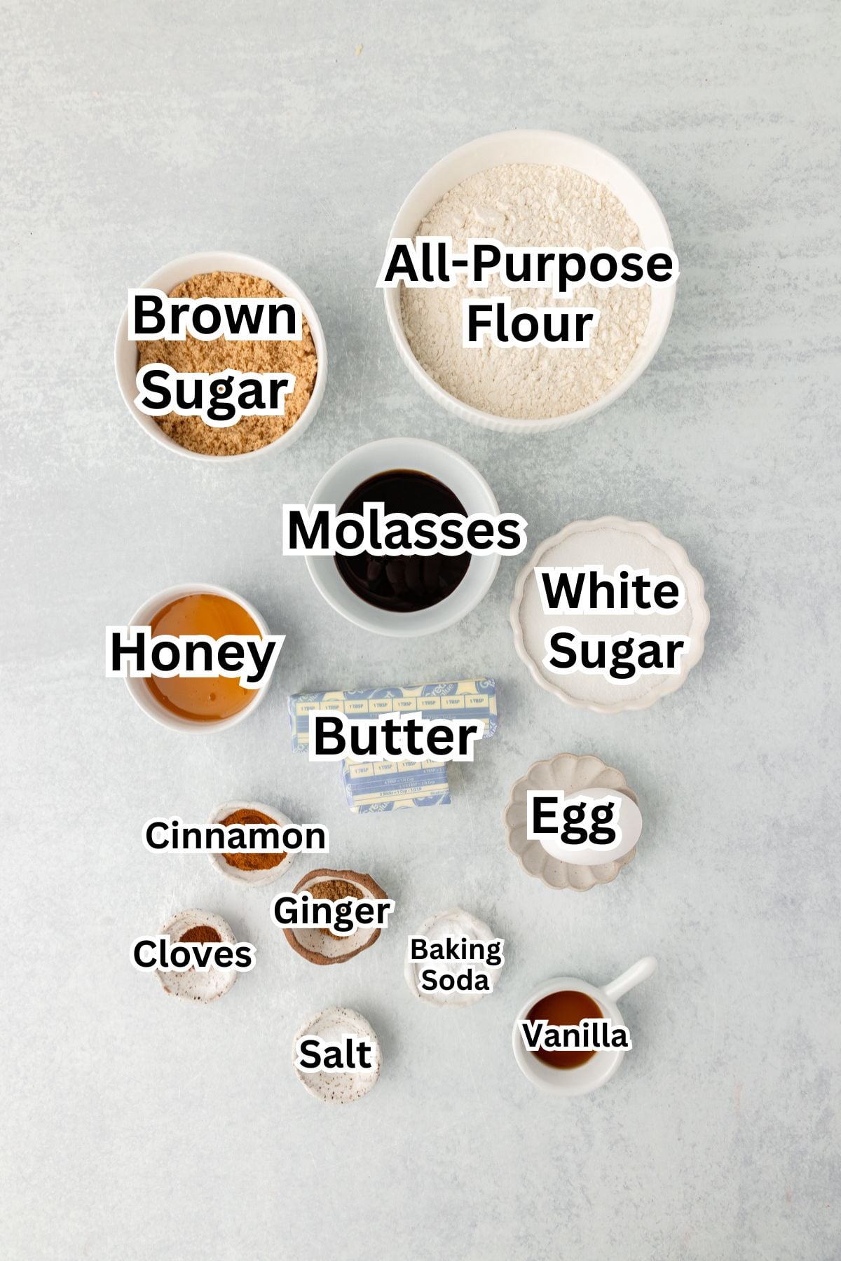 - All-purpose flour, sugar, honey, eggs, butter, vanilla, baking soda, salt, ginger, cinnamon, cloves, molasses.