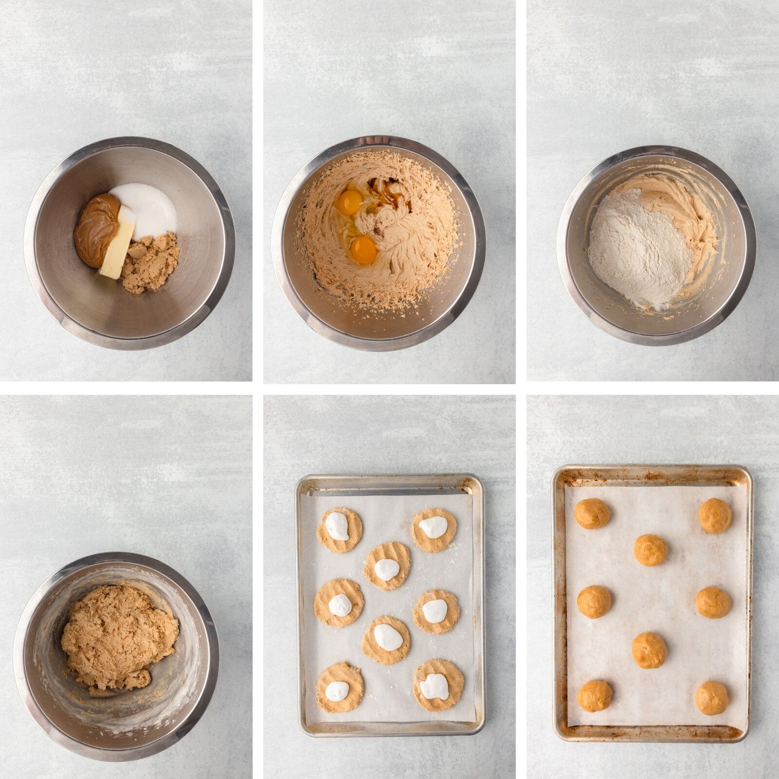 Soft peanut butter cookie dough mixture in metal bowl, ready to scoop.