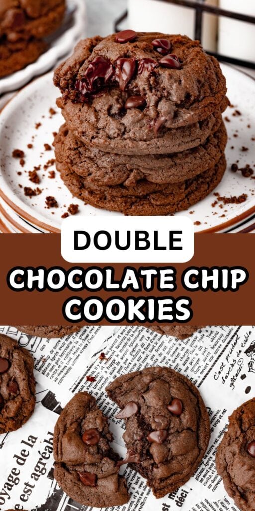 Double Chocolate Chip Cookies stacked on a plate and on newspaper parchment paper.