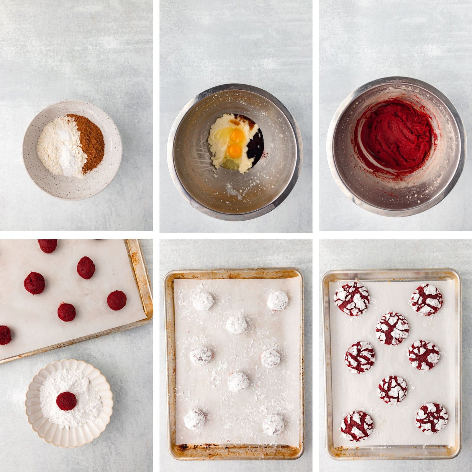 Pink raspberry cookies baking process, raw dough, powder sugar, and finished cookies with cracked pattern.