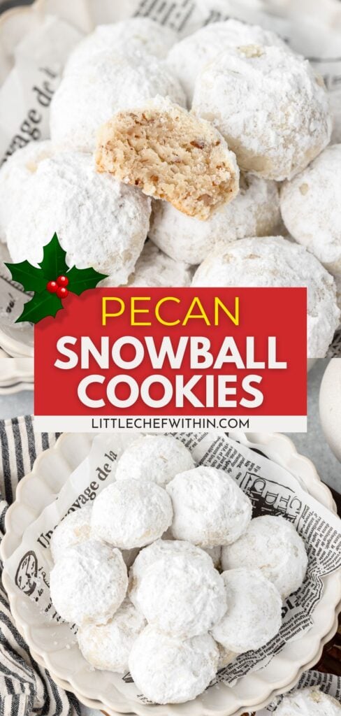 Sweet pecan snowball cookies coated in powdered sugar, perfect for holiday treats or gifting.