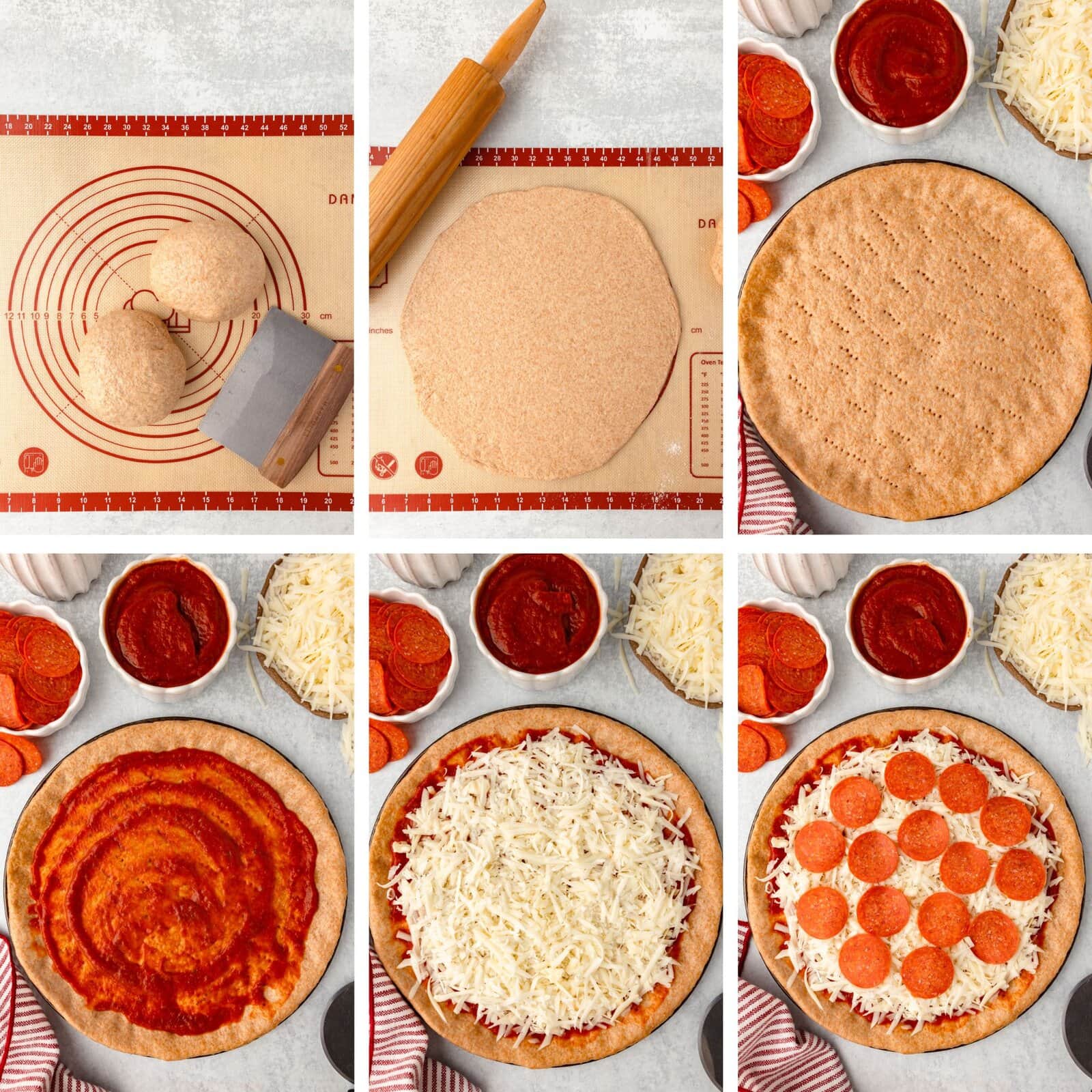 Thin crust pizza preparation with cheese and pepperoni toppings on a textured gray surface.
