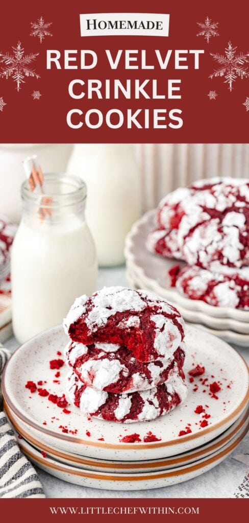 Homemade red velvet crinkle cookies with powdered sugar on a white plate.
