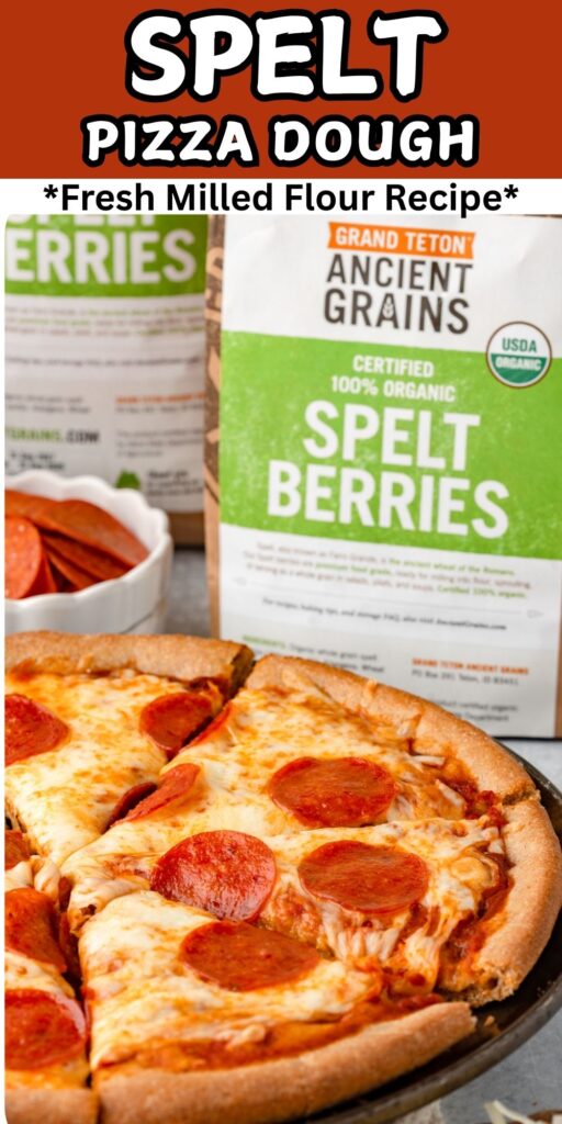Spelt pizza dough topped with cheese and pepperoni. Made with Grand Teton Spelt berries.