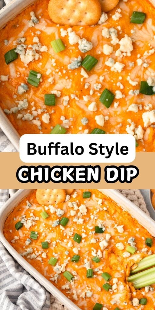 Buffalo Style Chicken Dip baked in a casserole dish.