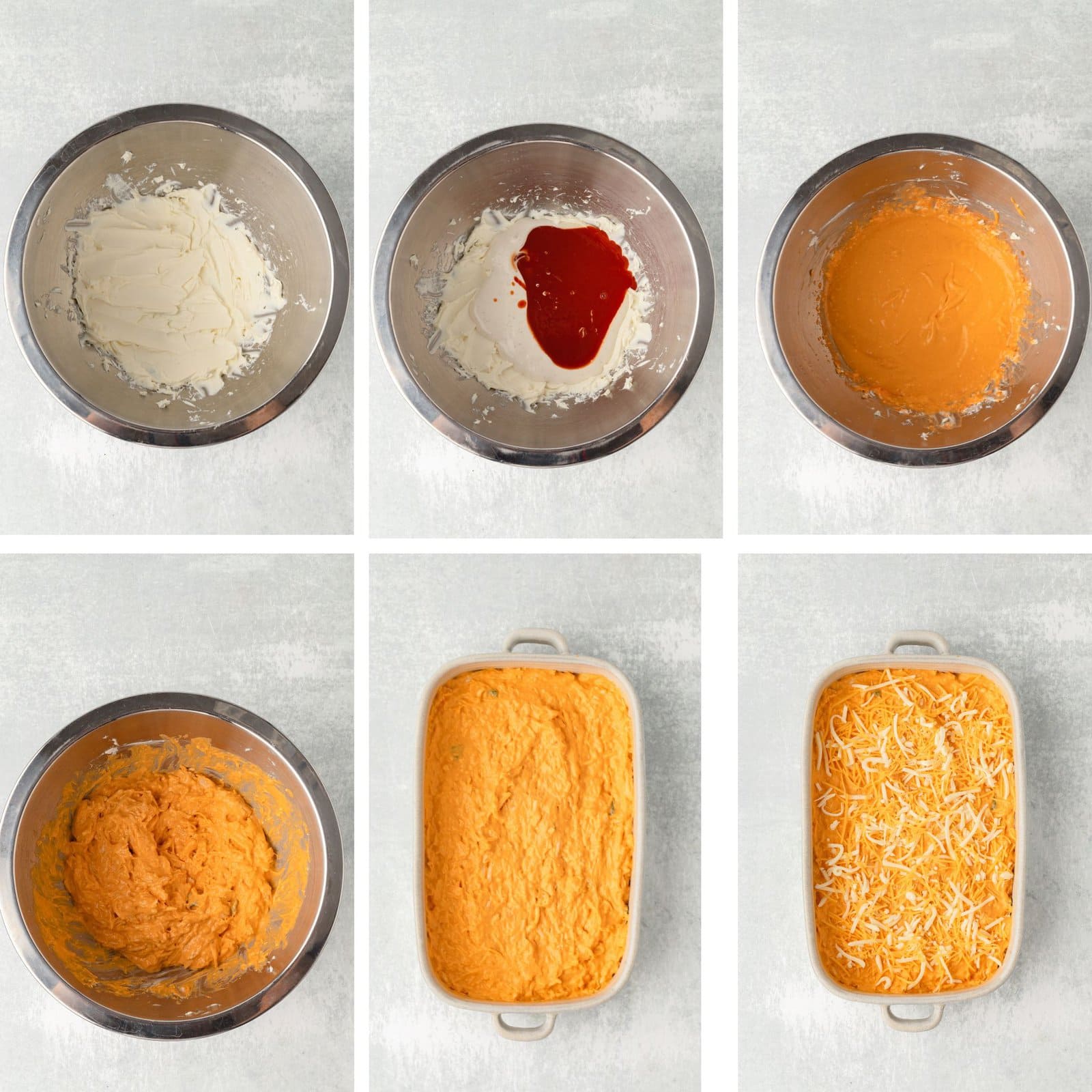 Creamy cheese mixture with ketchup, ready to layer in a casserole dish for baked cheesy dip.