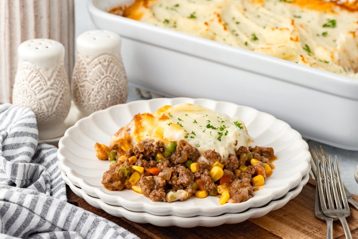 Cottage Pie with creamy mashed potato topping and savory beef filling.