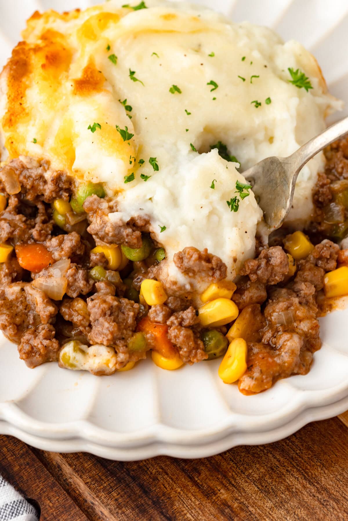Cottage Pie with creamy mashed potato topping and savory beef filling.