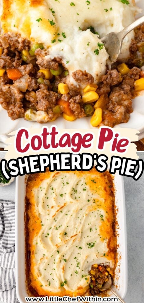 Cottage Pie with creamy mashed potato topping and savory beef filling.