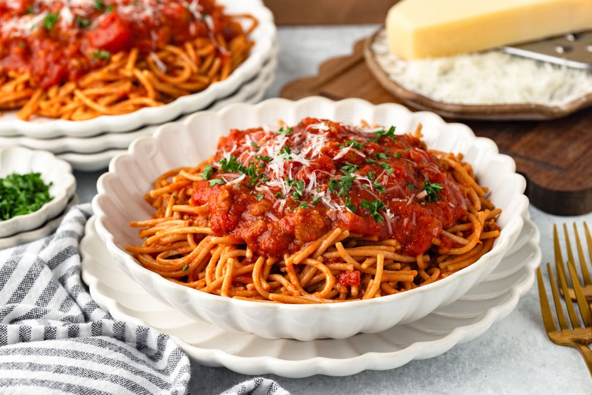 Italian Sausage Spaghetti with rich tomato sauce and herbs.