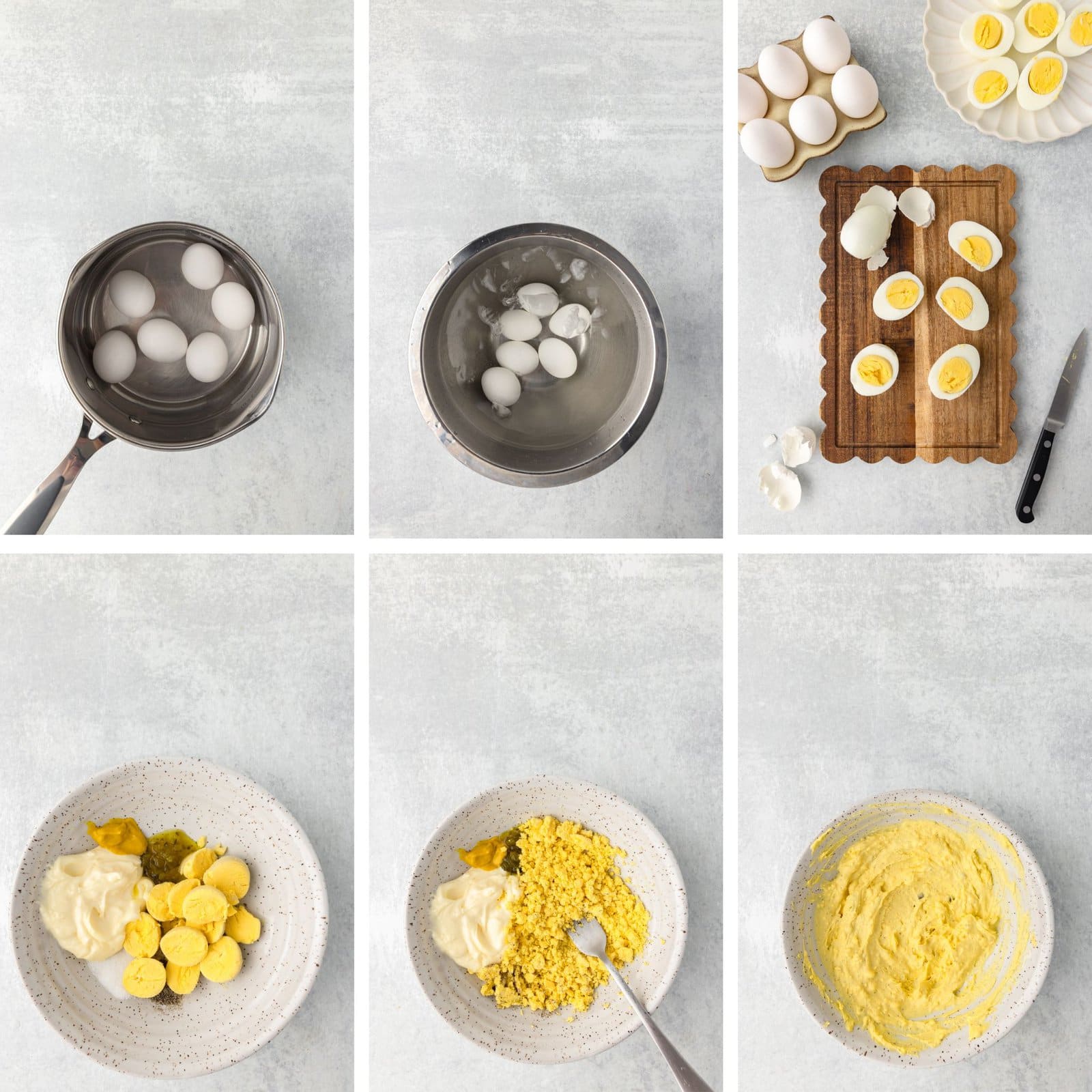 Boiled eggs in a pot with water, ready to be peeled.