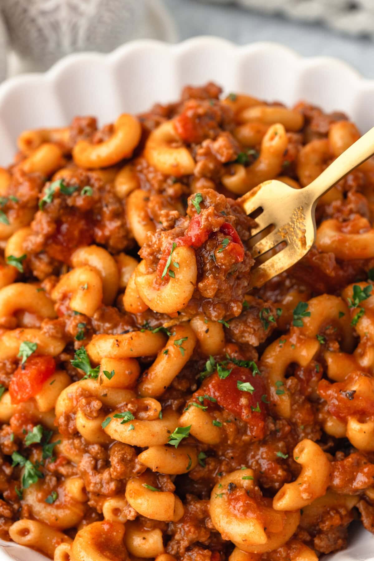 American Goulash with savory beef and pasta in a rich tomato sauce.