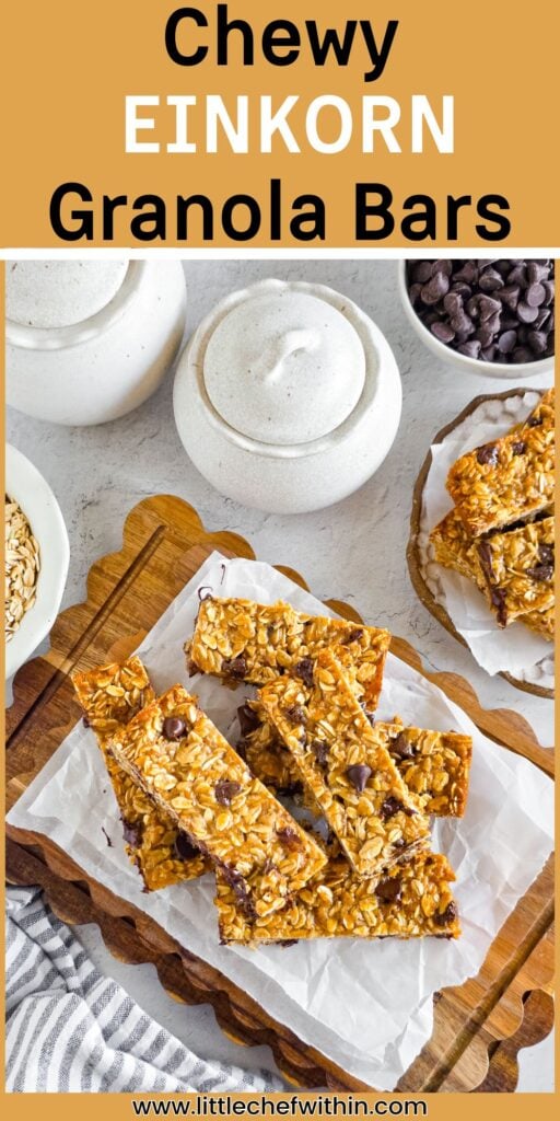 Crunchy Chewy Einkorn Granola Bars with chocolate chips and nuts.