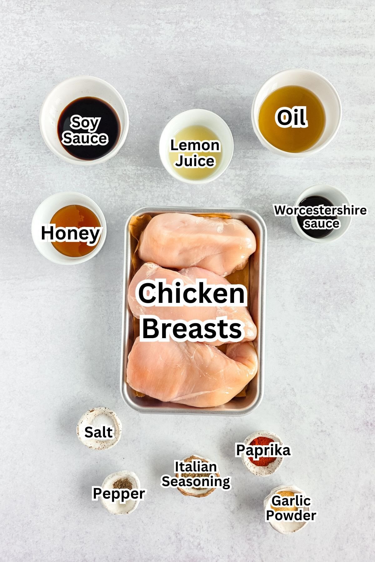 Grilled chicken breasts with soy sauce, lemon juice, oil, honey, Worcestershire sauce, salt, pepper,.