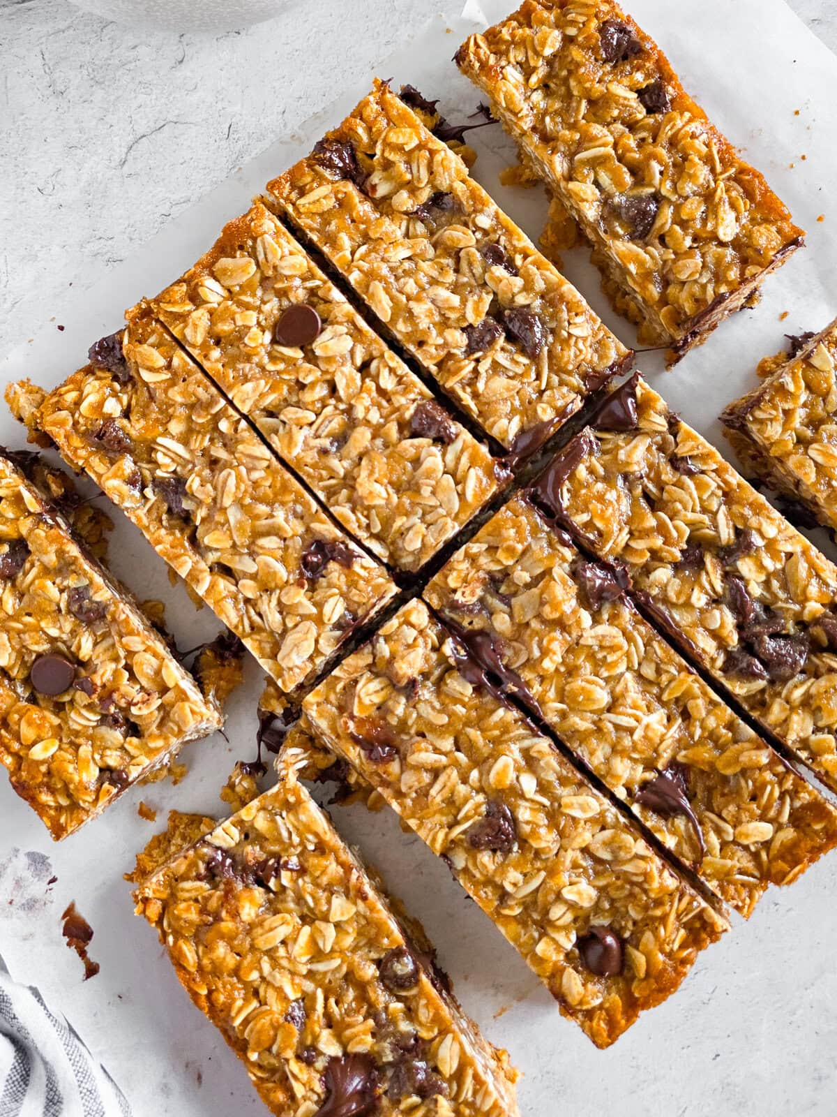 Chewy Einkorn Granola Bars, crispy and golden with chocolate chips and oats.