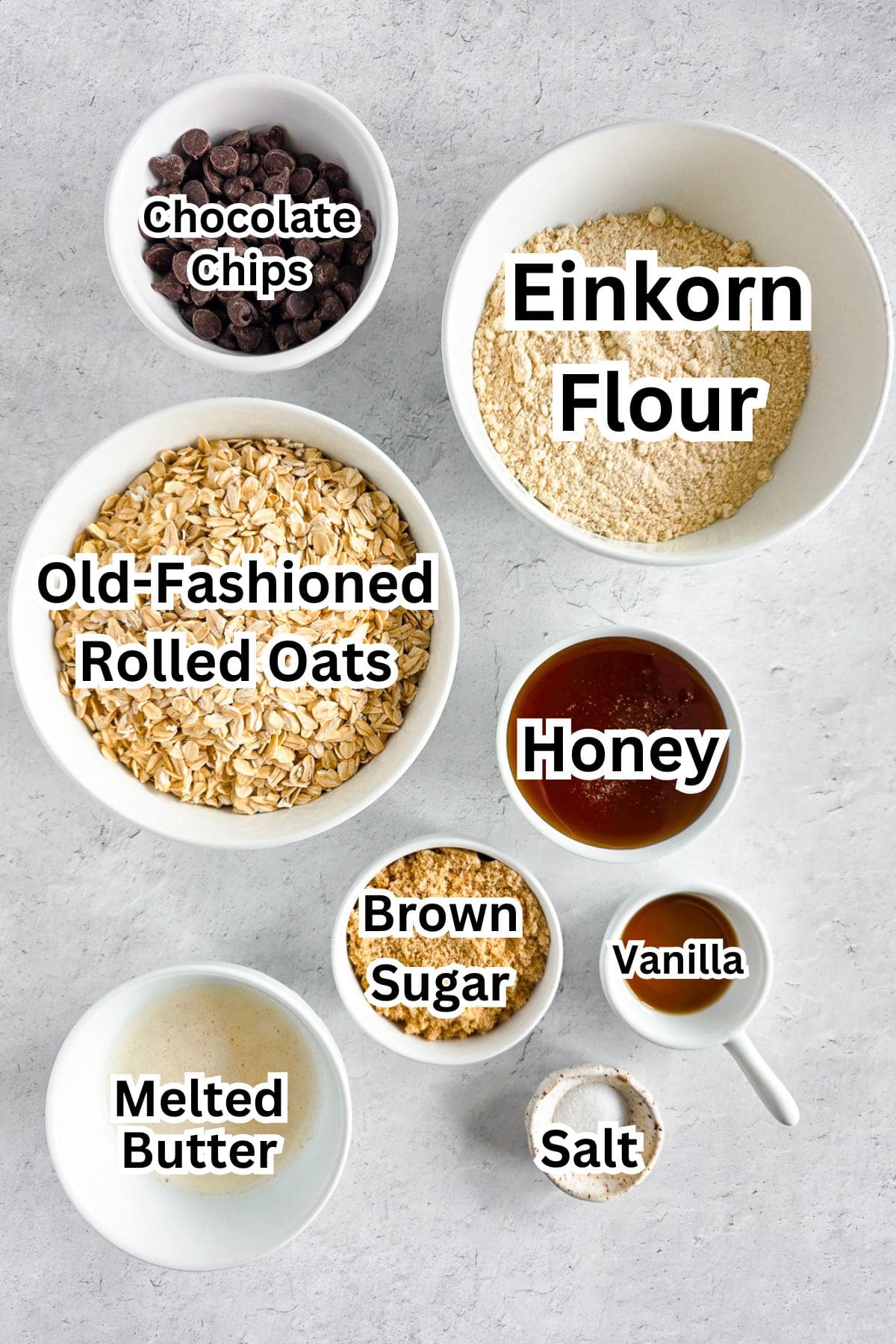 Einkorn Flour and honey with oats, chocolate chips, and butter for granola bars.
