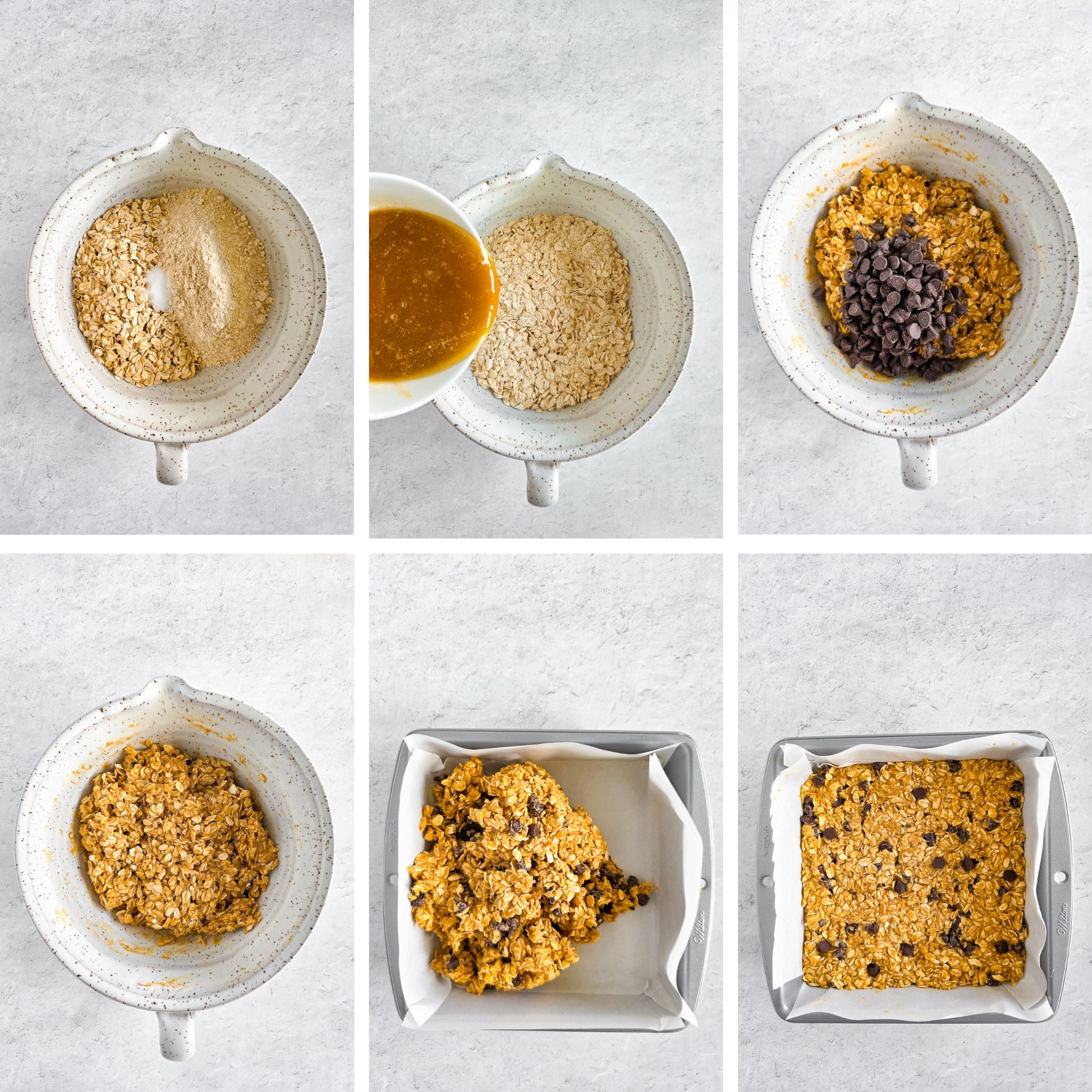 Chewy Einkorn Granola Bars preparation process in six steps.