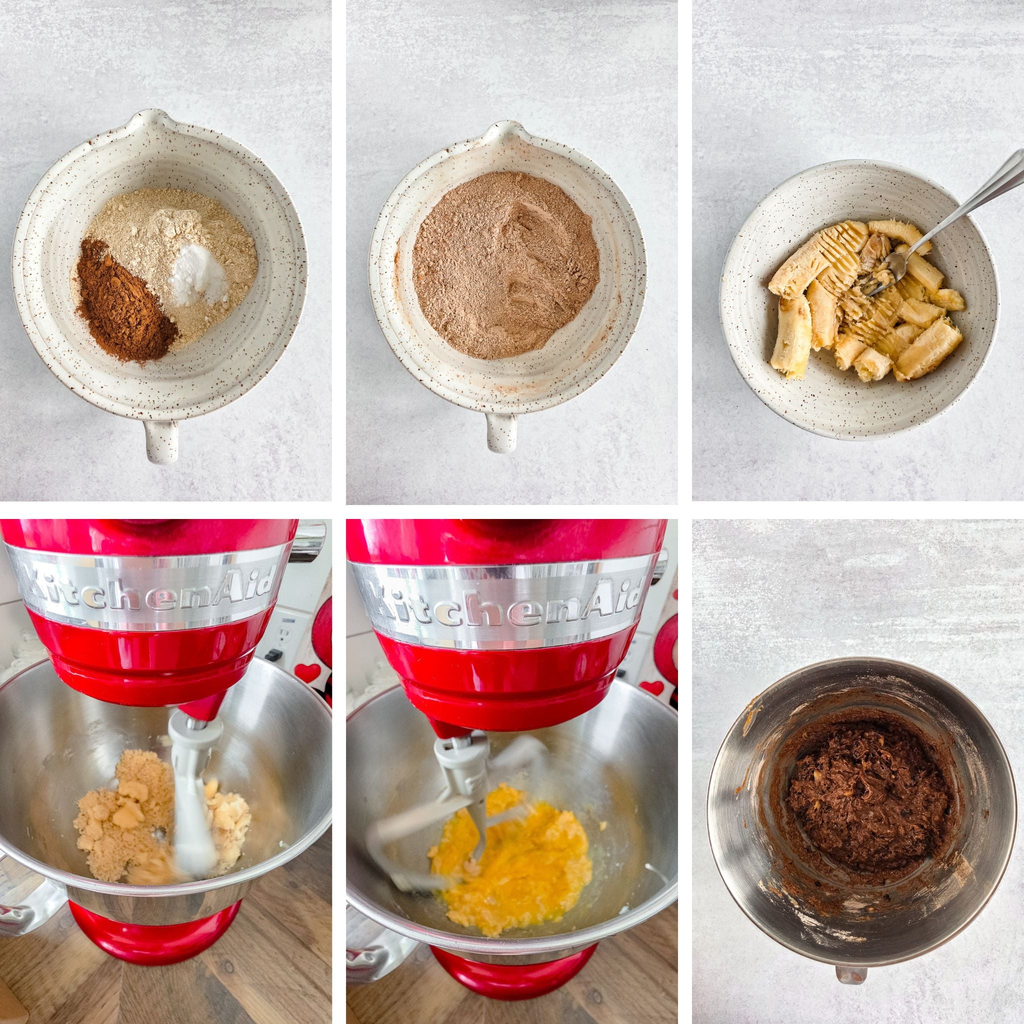 Cream, cinnamon, and sugar in a bowl; cinnamon, sugar, and flour in a bowl; cooked banana slices in.