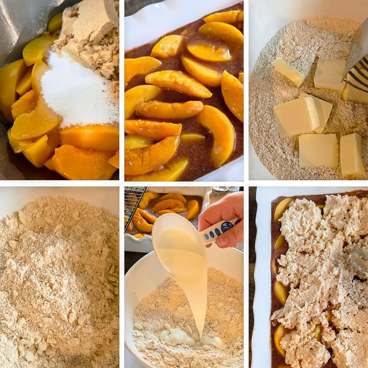 Six process image collage showing peach cobbler with freshly milled flour.