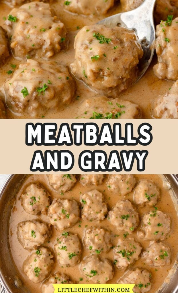 Creamy meatballs and gravy with fresh herbs in a rich sauce.