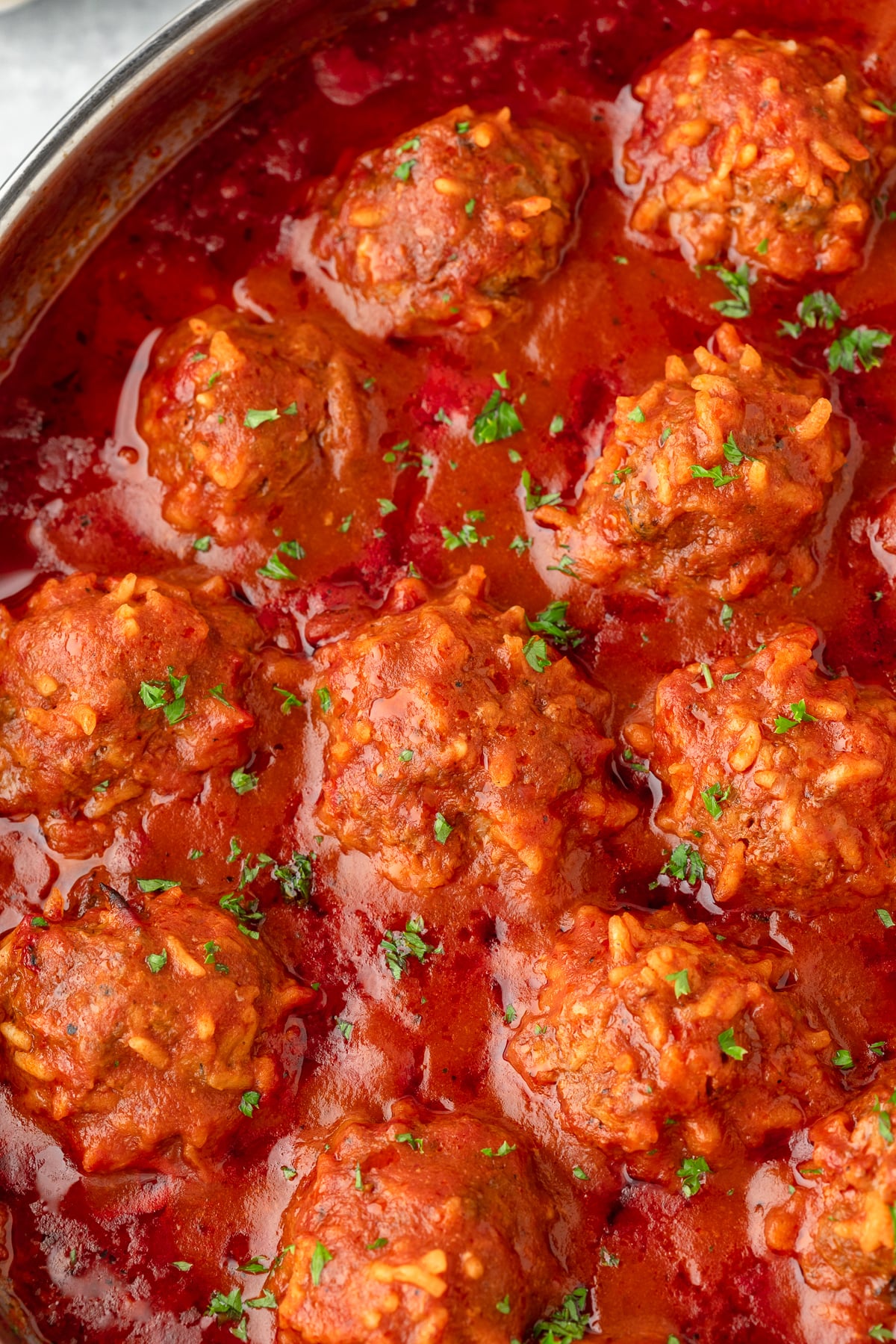 Porcupine Meatballs in tomato sauce with herbs and rice.