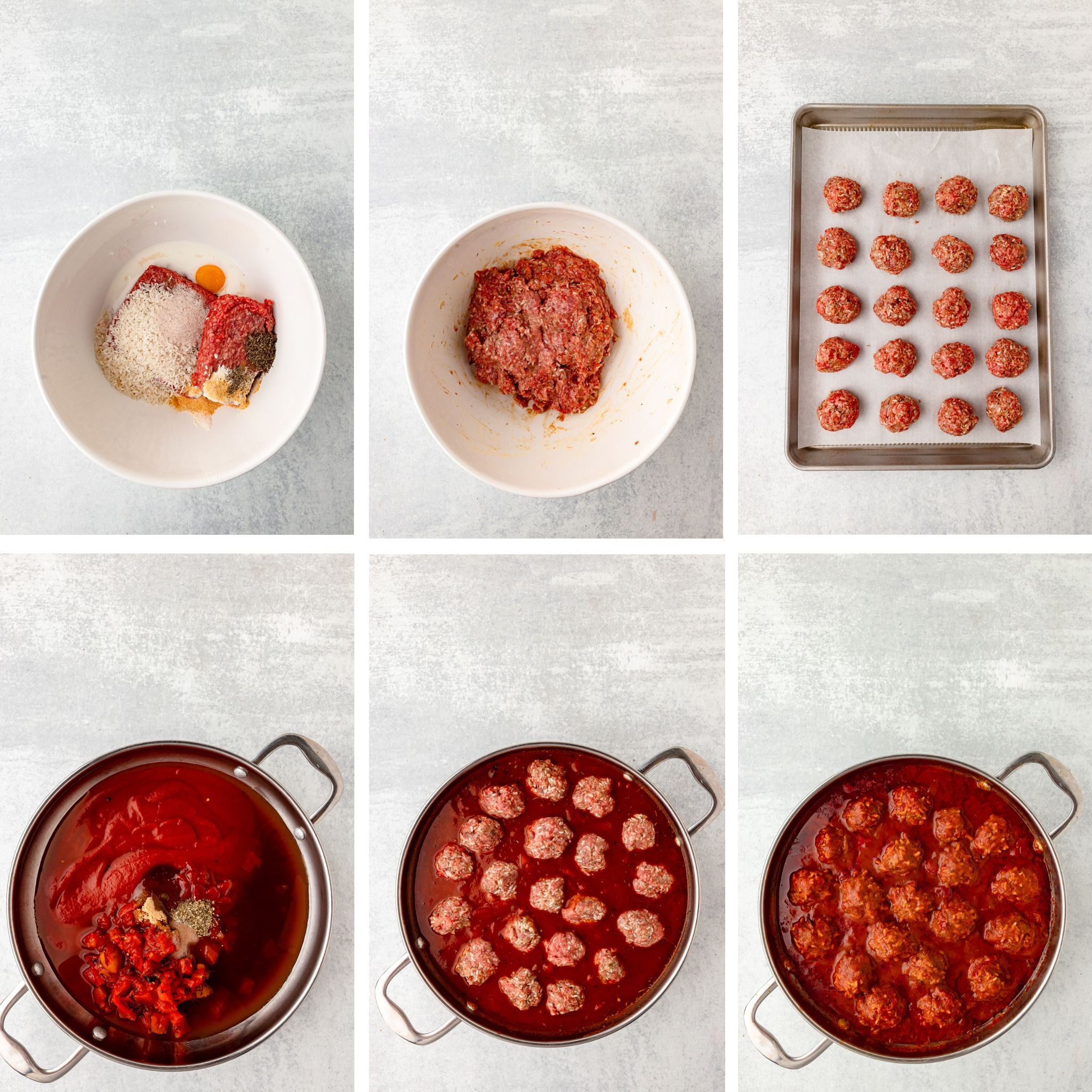 Porcupine meatballs being prepared with raw meat, seasoned, and cooked in tomato sauce.