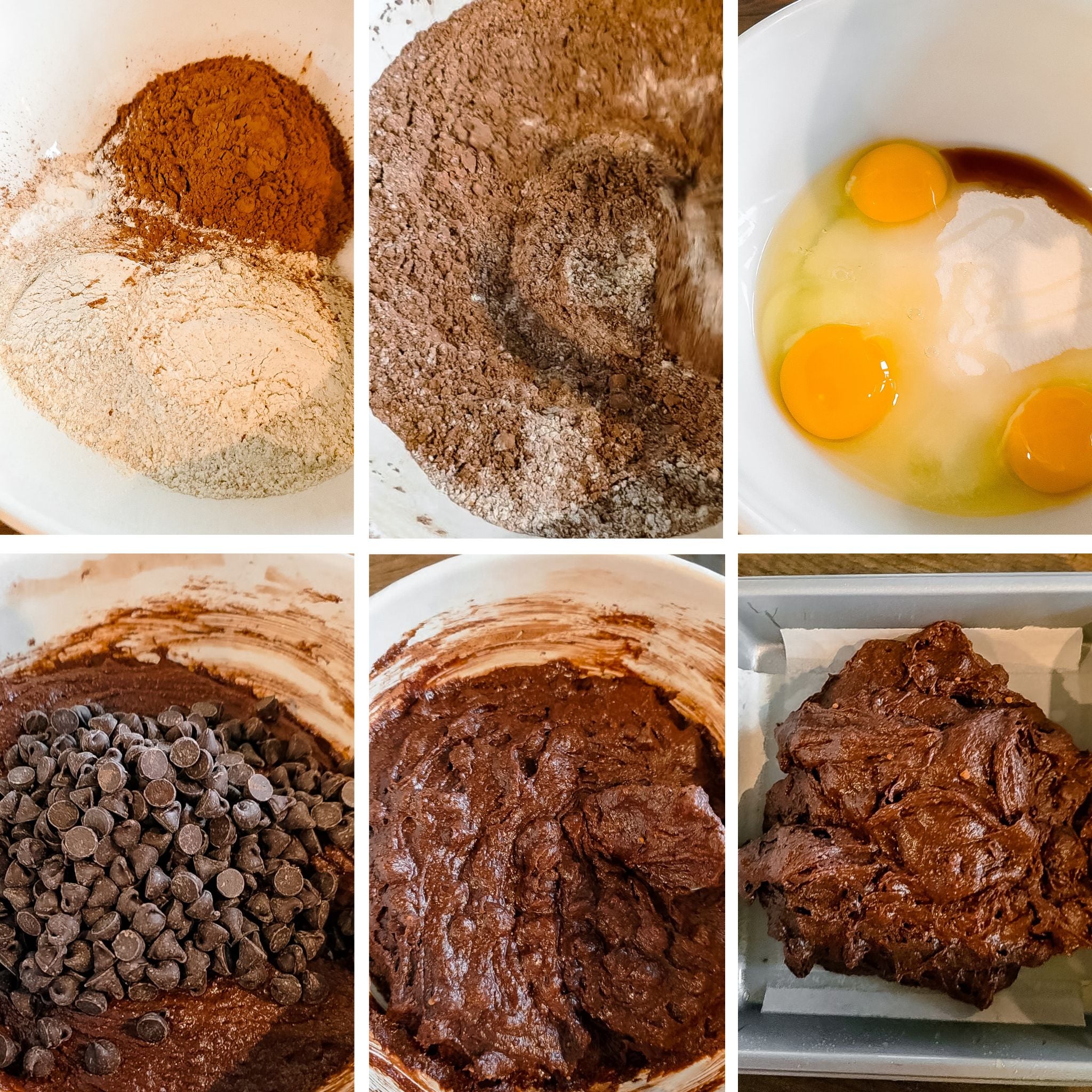 Fudgy spelt brownie batter with chocolate chips and eggs before baking.