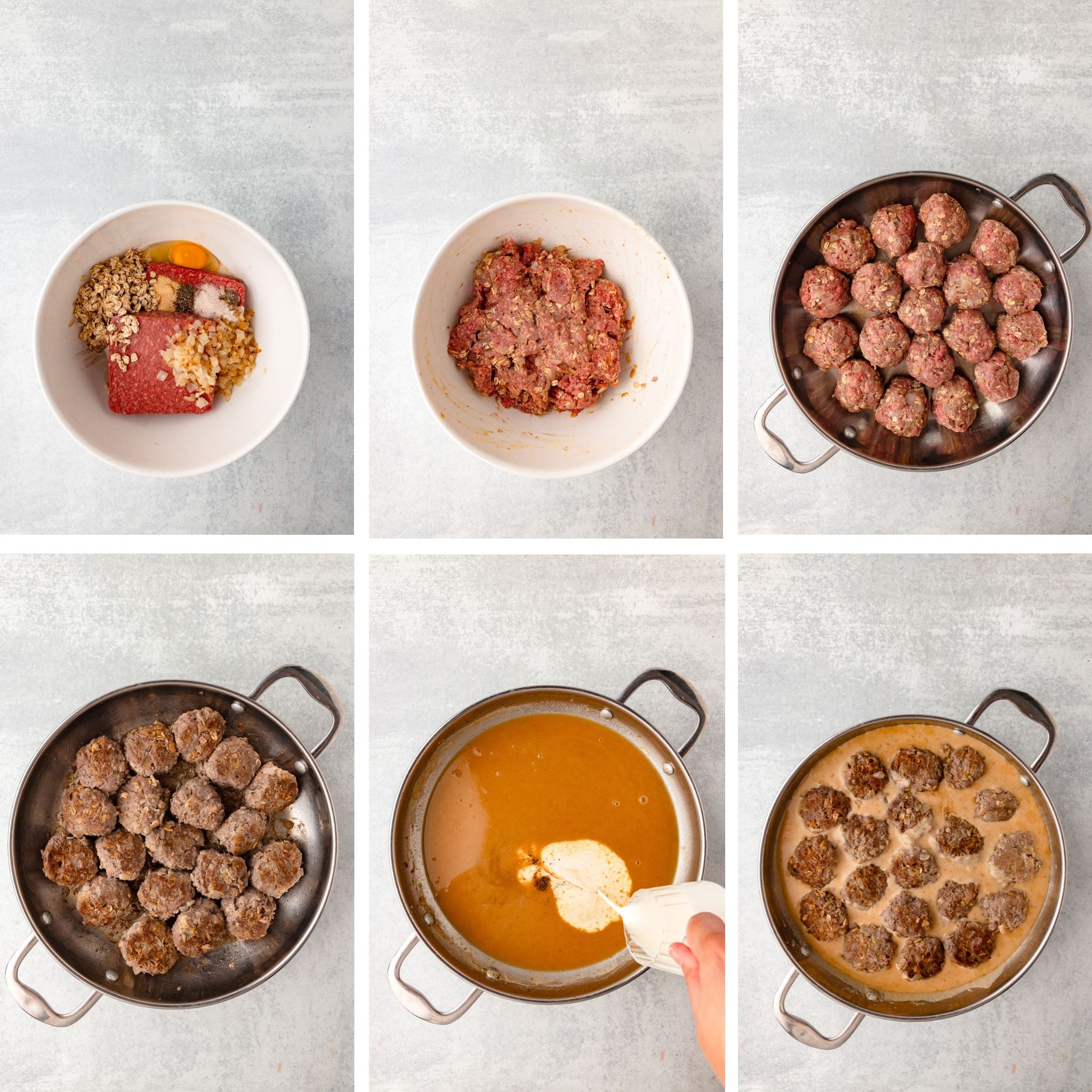Meatballs and gravy: raw meat mixture, formed meatballs, and cooked meatballs in sauce.