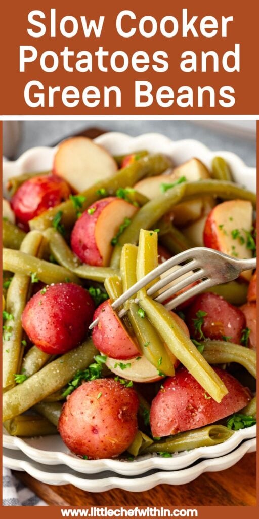 Slow Cooker Potatoes and Green Beans in a white bowl with fork.