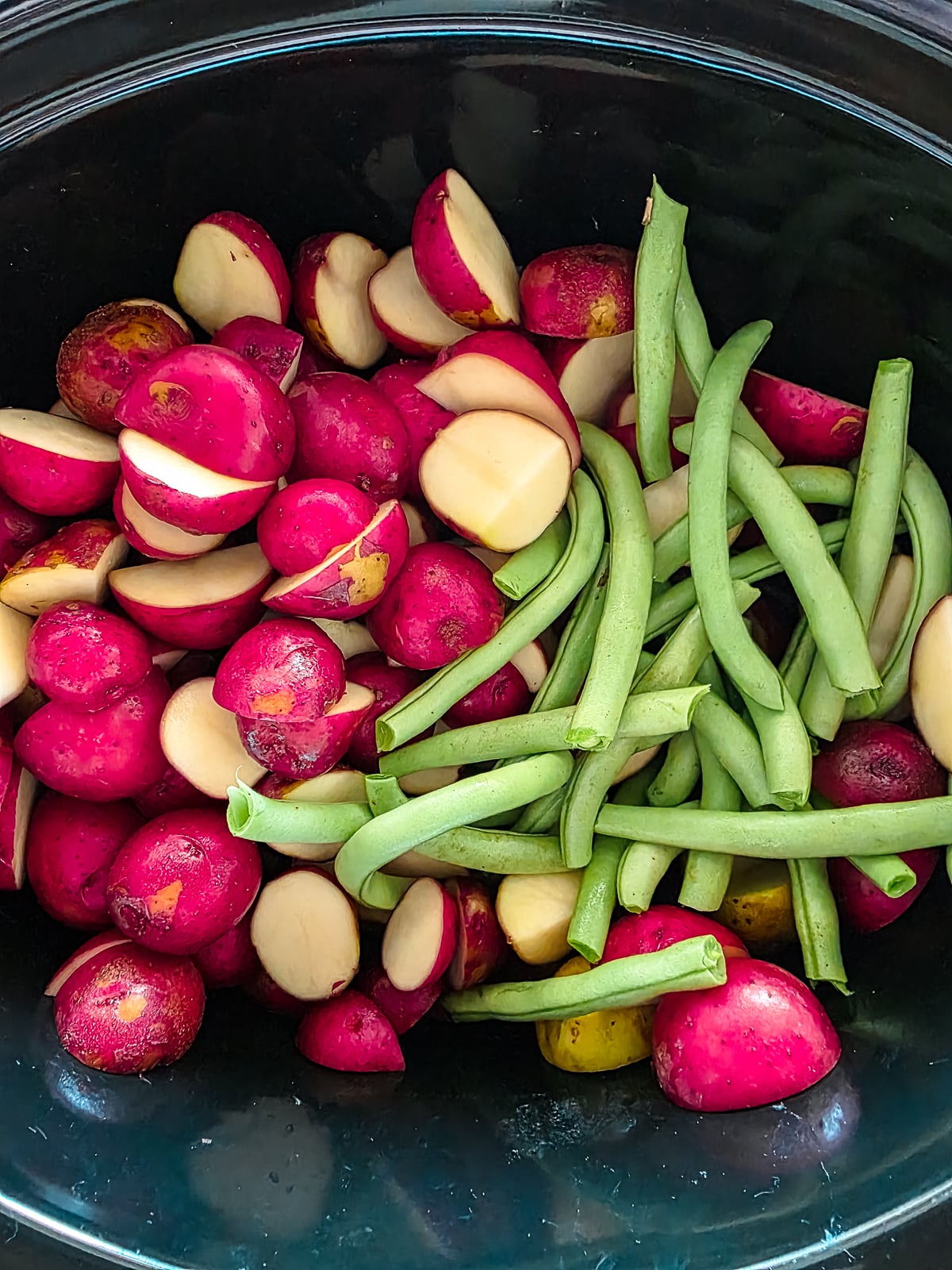 Fresh radishes and green beans for Slow Cooker Potatoes and Green Beans.