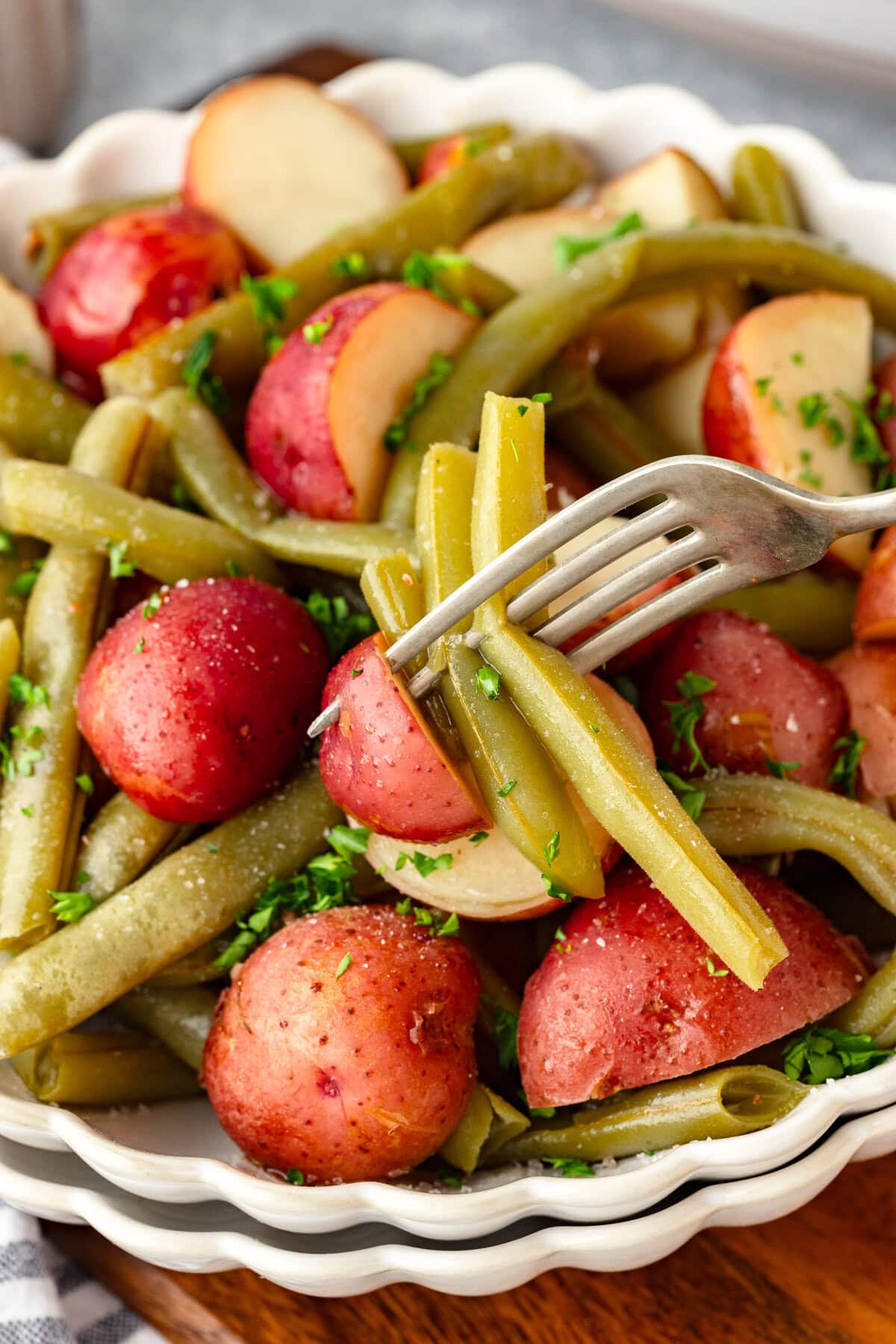 Slow Cooker Potatoes and Green Beans with red potatoes and fresh green beans.
