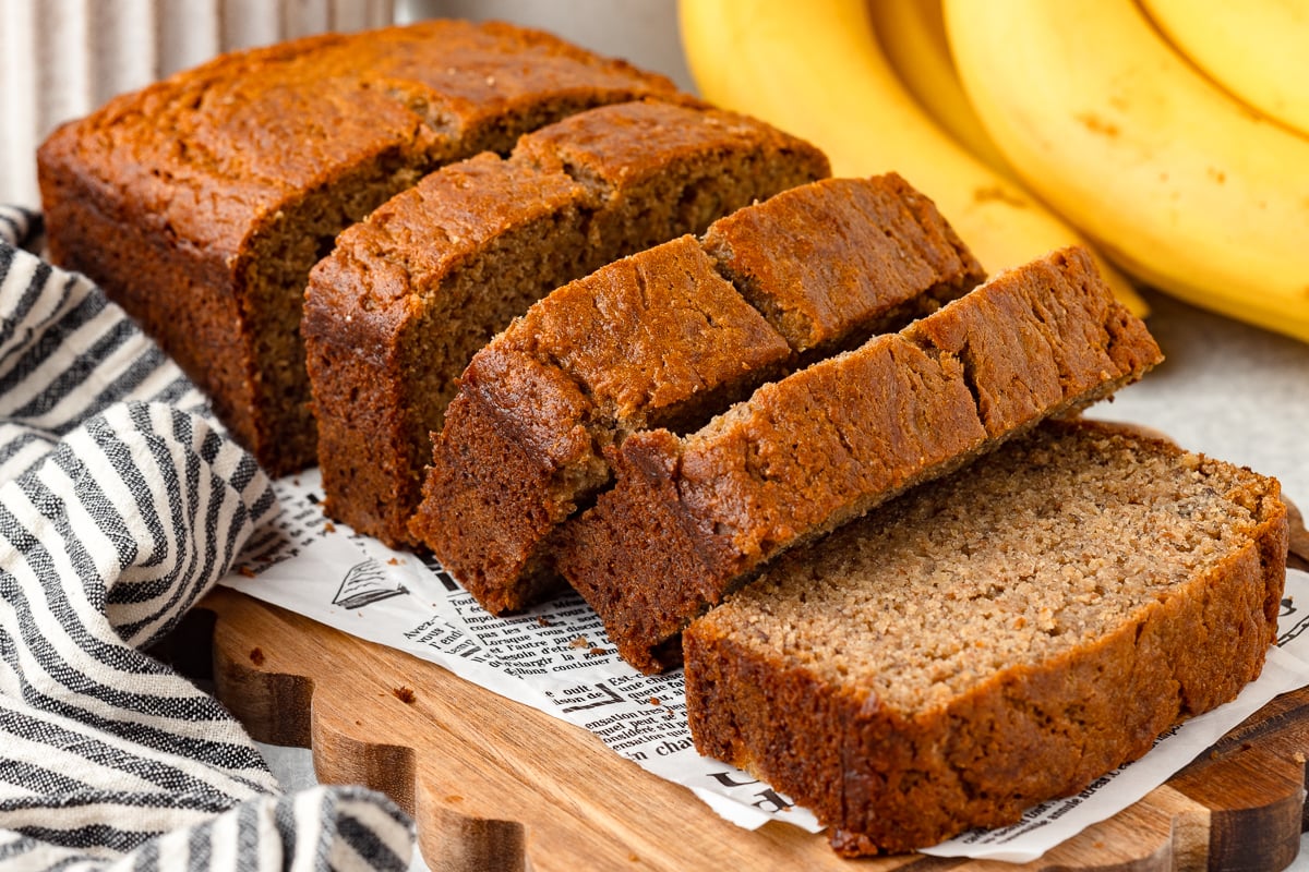 Banana bread with fresh milled flour, sliced and ready to serve.